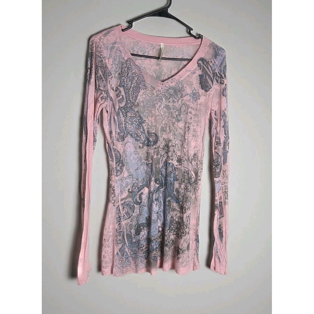 American Age Top Pink Paisley Tattoo Rhinestone Sheer Mesh V-Neck Long Sleeve